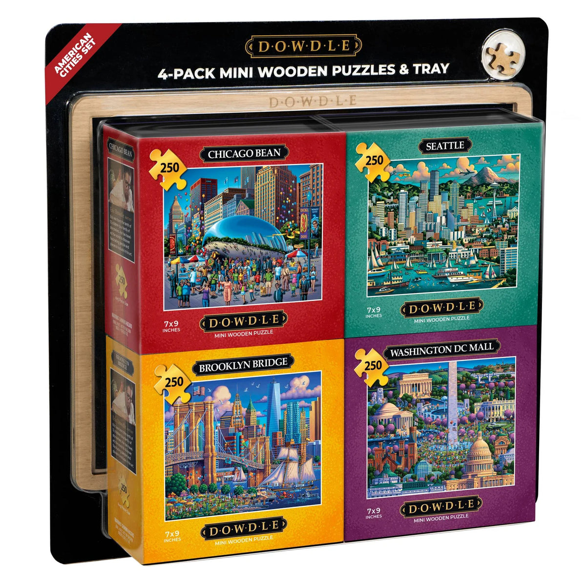 American Cities, 4 x 250-piece mini wooden puzzles, Dowdle