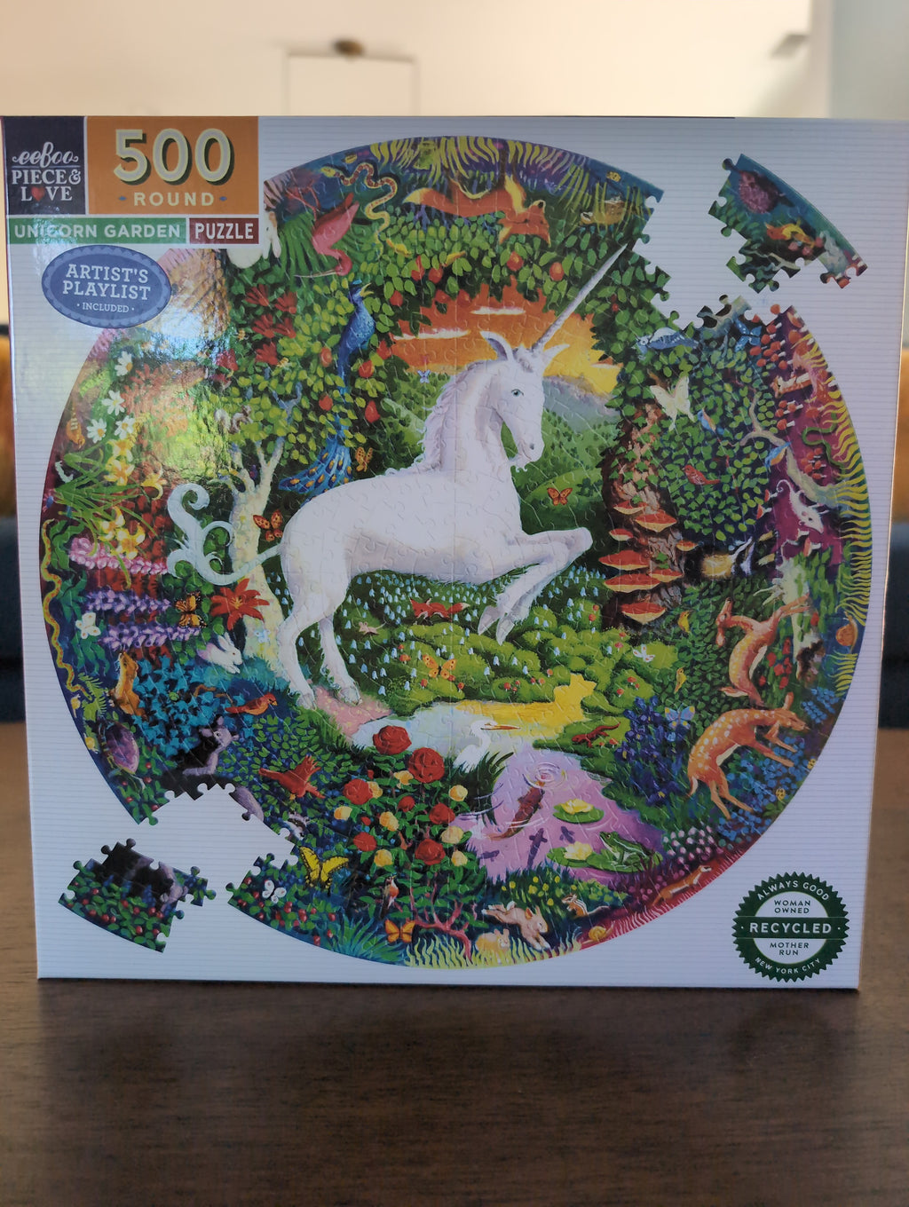 Unicorn Garden, 500-piece round puzzle, eeBoo