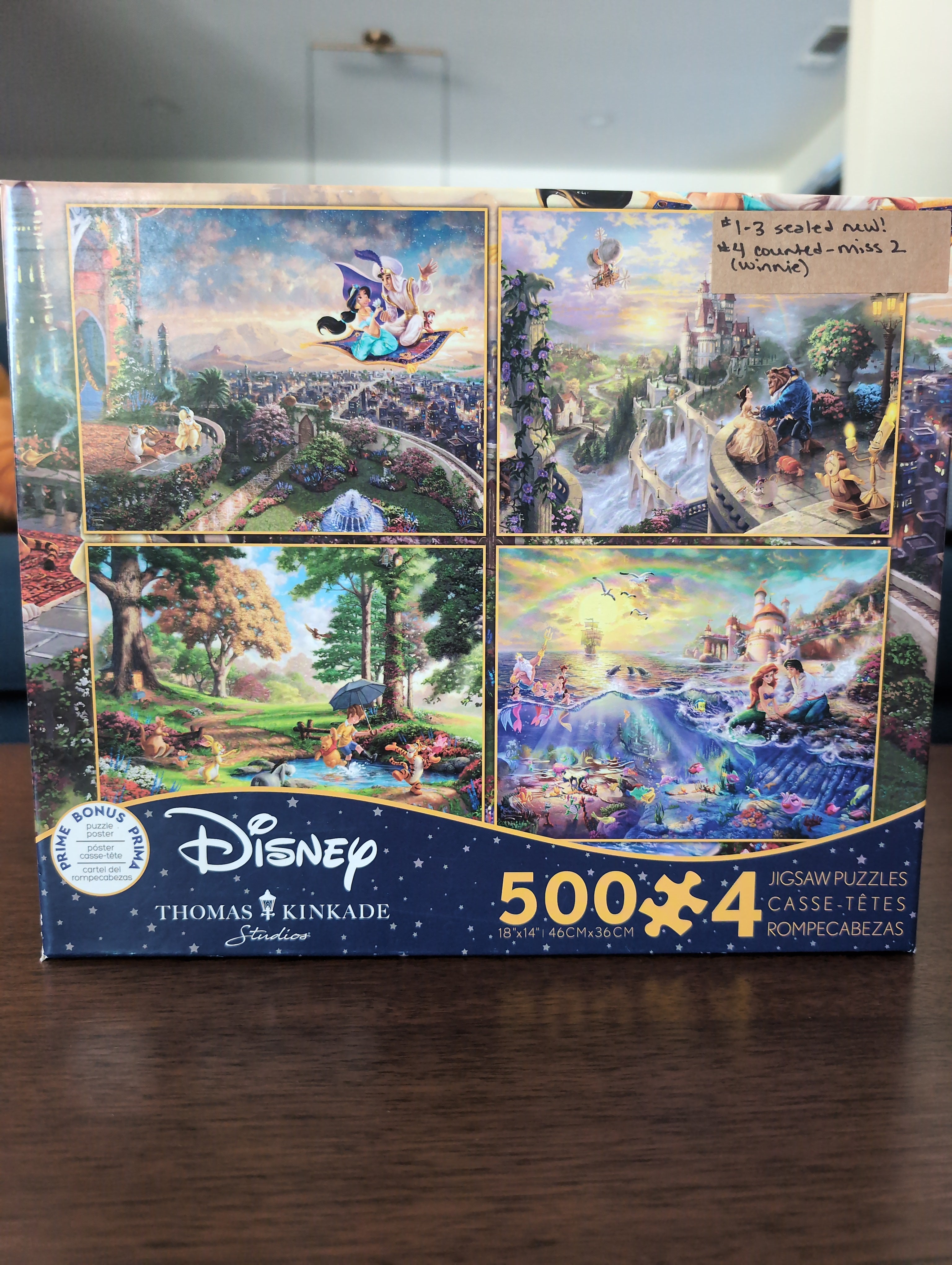 Disney + Thomas Kinkade (Aladdin, Beauty and the Beast, Winnie the Pooh, Little Mermaid), 4 x 500-piece puzzles, Ceaco